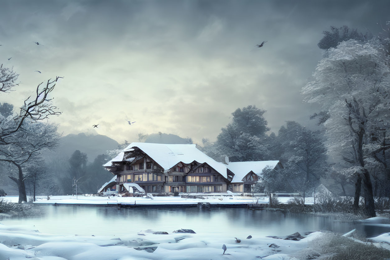 Snow-covered chalet by frozen lake in tranquil winter scene