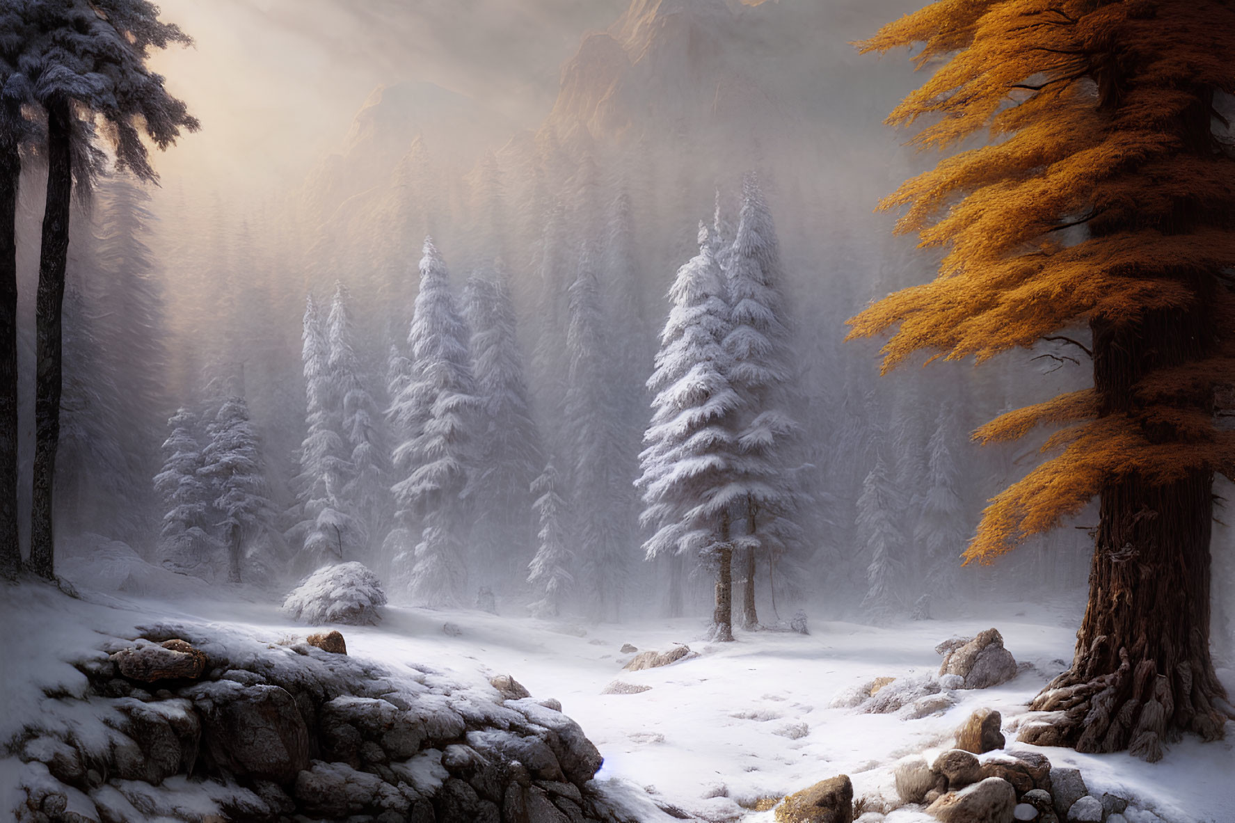 Snow-covered pines in misty forest with golden trees under warm sunlight