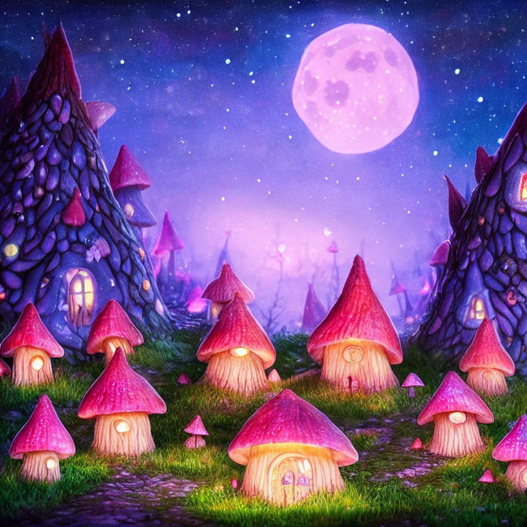 Whimsical village with mushroom houses under starlit sky and full moon