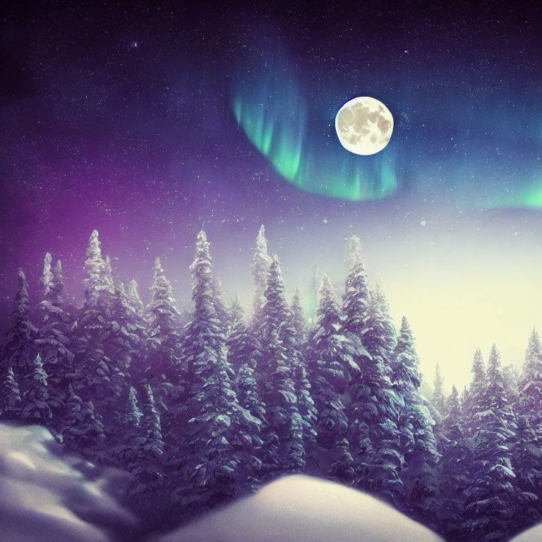 Snowy Winter Night Landscape with Aurora Borealis and Full Moon