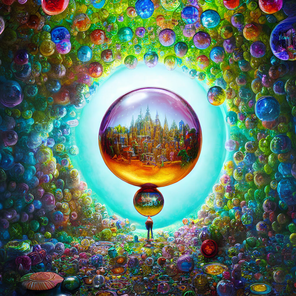 Person surrounded by vibrant cityscape bubbles