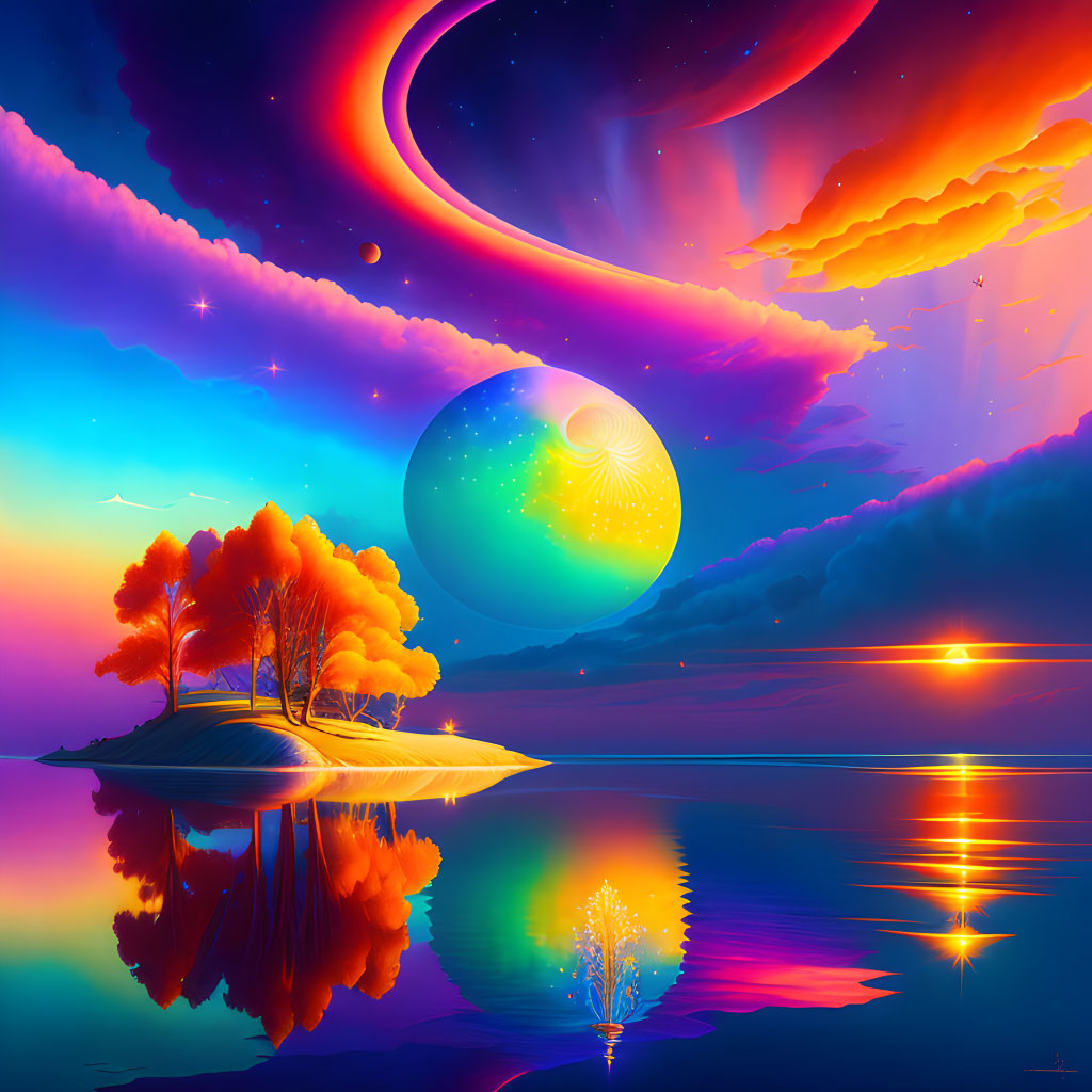 Colorful surreal landscape with reflective water, island trees, planet, and swirling sky