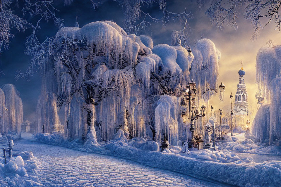 Snow-covered trees and glowing street lamps in winter scene