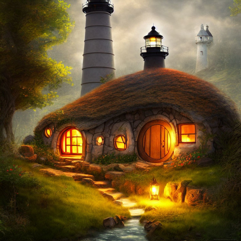 Thatched Roof Cottage and Lighthouse in Fantasy Illustration