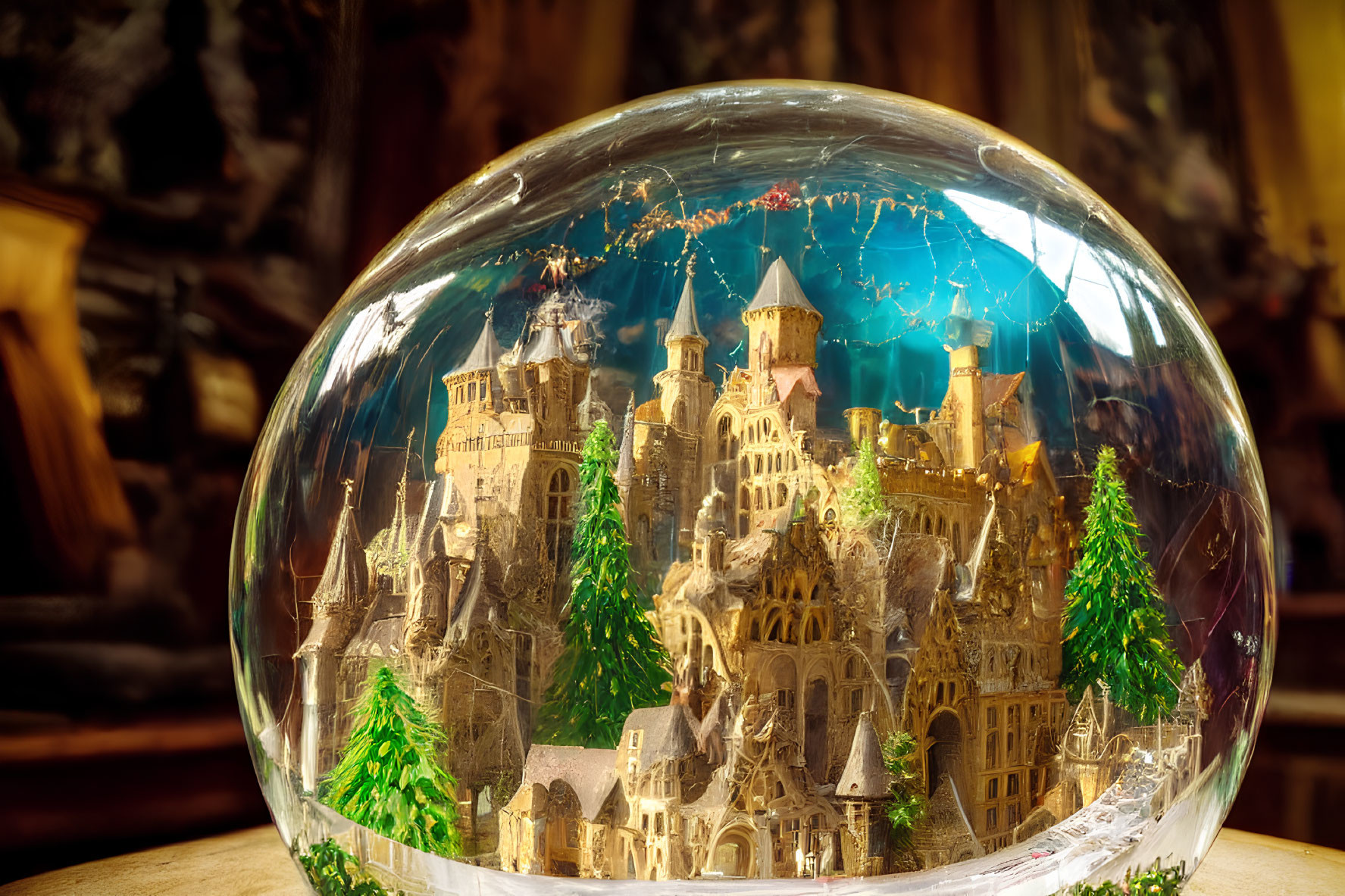 Miniature castle with towers and trees in clear glass sphere