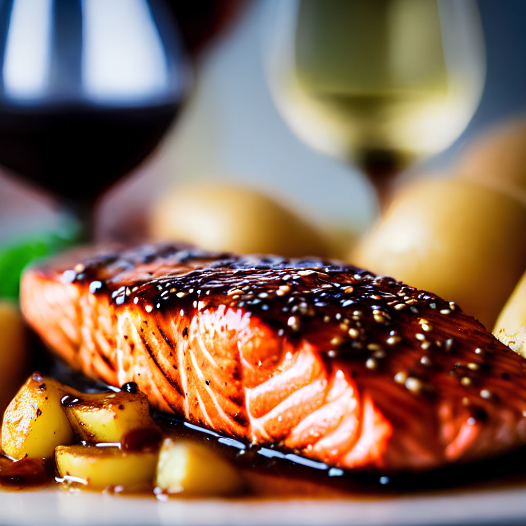 Grilled Salmon Fillet with Glaze, Roasted Potatoes, Salad, Red and White Wine