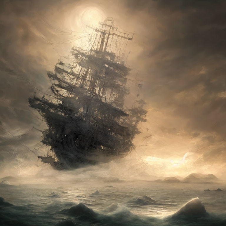 Eerie ghost ship with tattered sails in misty seas