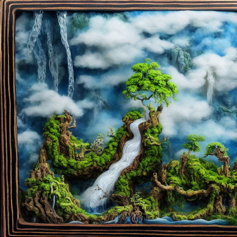 Detailed Mystical Forest Tapestry with Waterfalls and Rivers