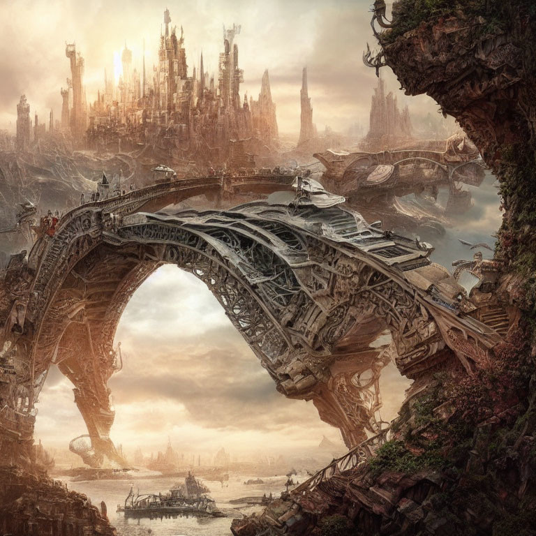 Ornate stone bridge with intricate carvings over majestic cityscape