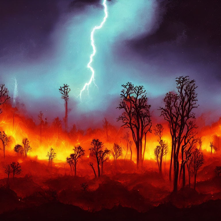 Nighttime wildfire with silhouetted trees, bright flames, and lightning in a smoke-filled sky