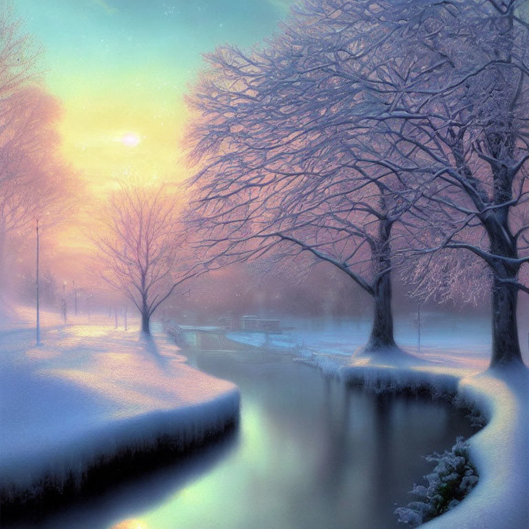 Snow-covered trees and river in serene winter scene