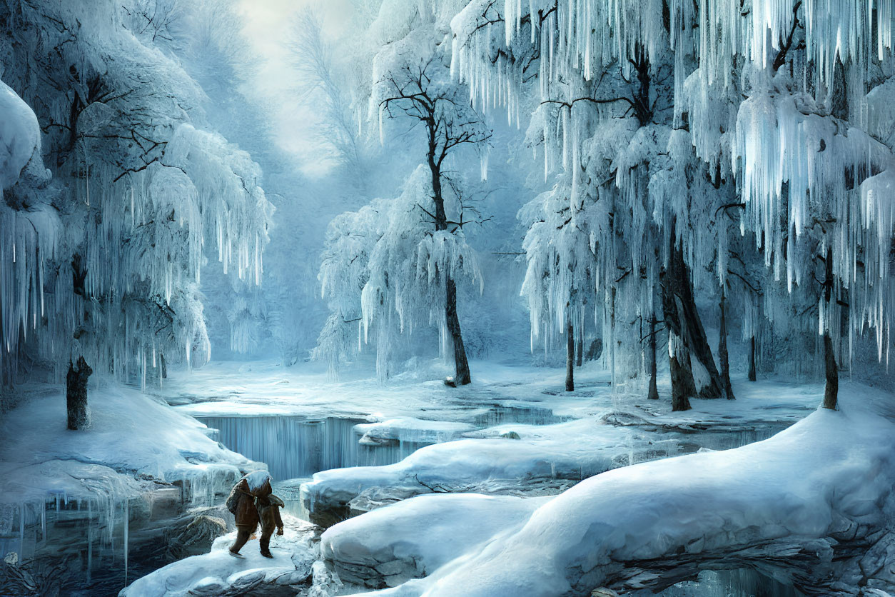 Snowy forest scene with icicles, frozen waterfall, and icy river crossing.