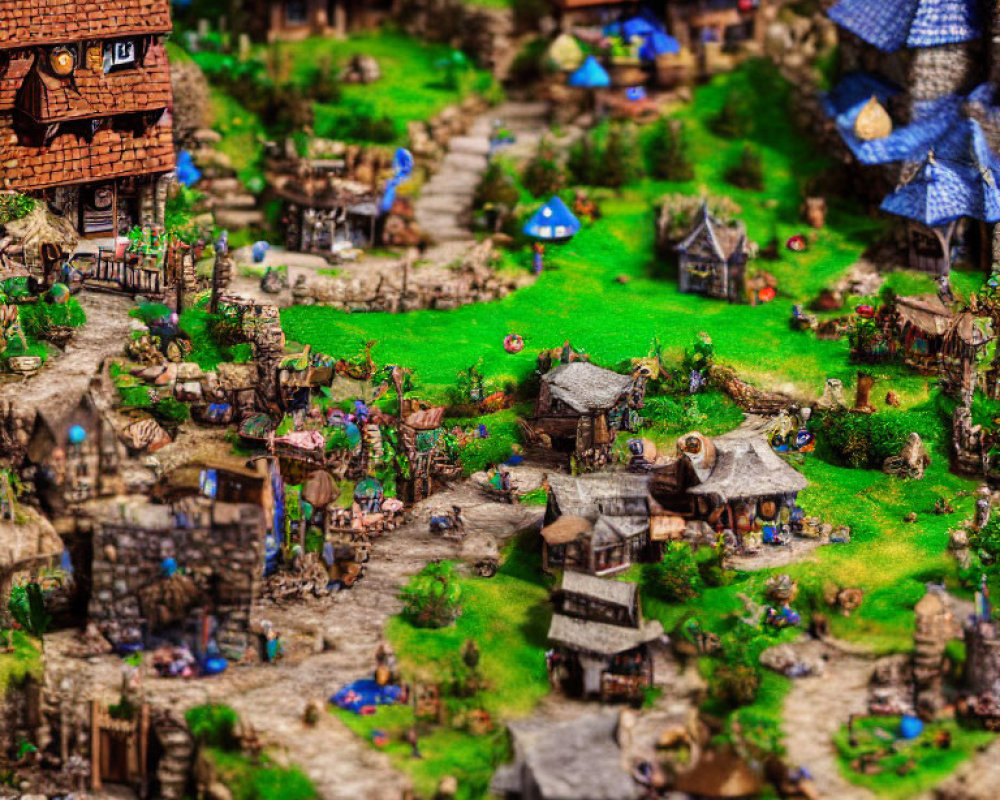 Detailed miniature medieval village with tiny houses, pathways, greenery, and figurines