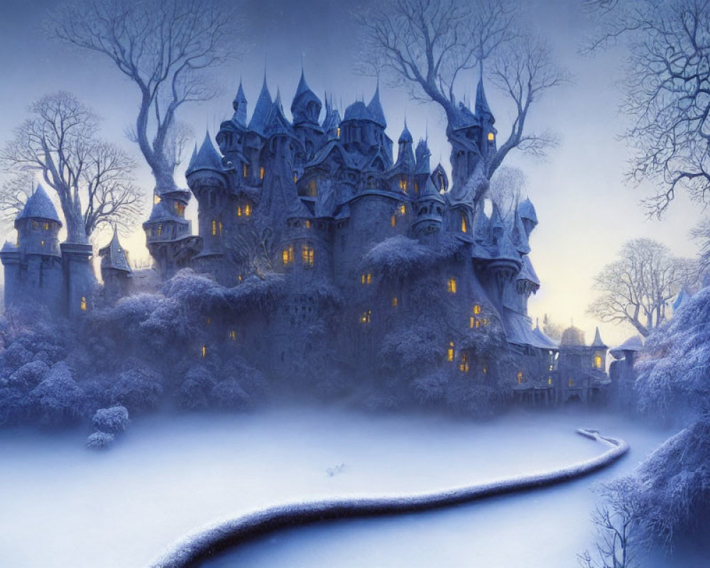 Snowy Twilight Castle with Glowing Lights and Frost-Covered Trees