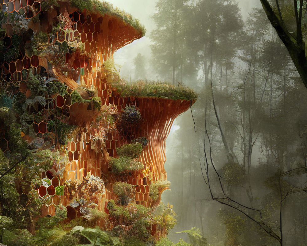 Fantastical honeycomb structure in lush forest with sunlight filtering through foliage