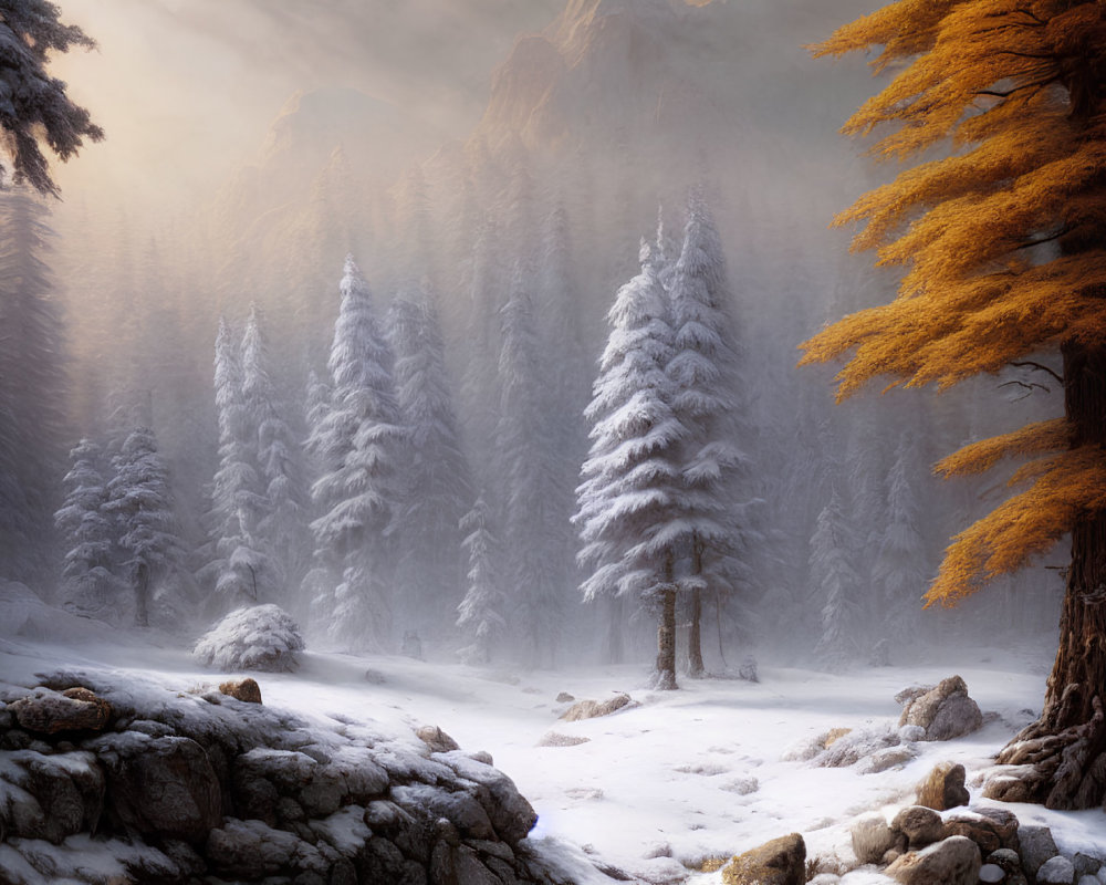 Snow-covered pines in misty forest with golden trees under warm sunlight