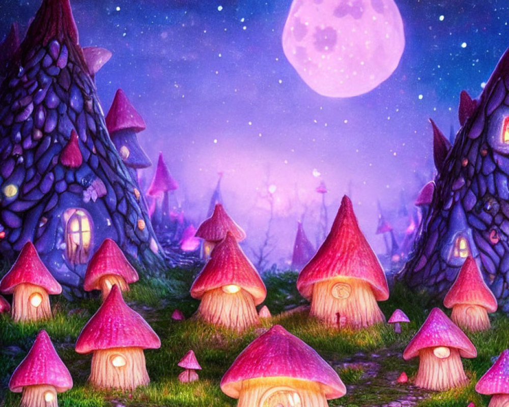 Whimsical village with mushroom houses under starlit sky and full moon