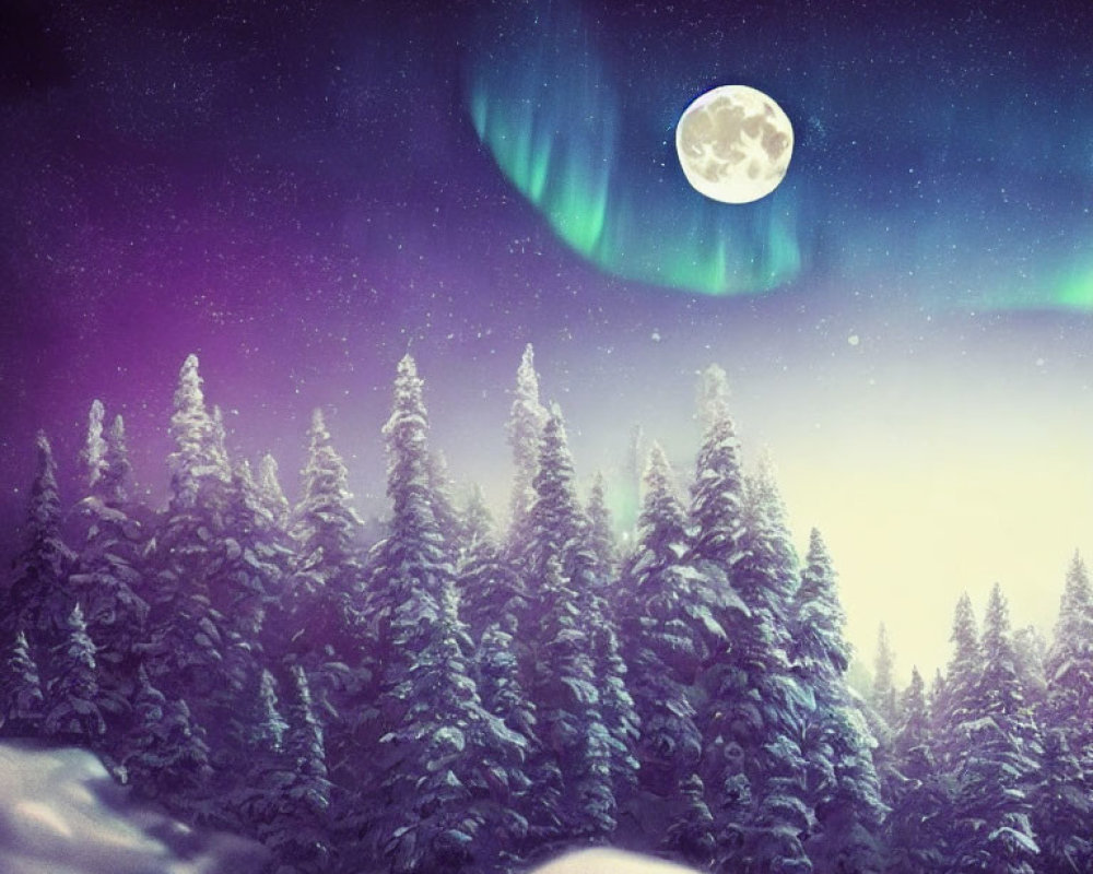 Snowy Winter Night Landscape with Aurora Borealis and Full Moon