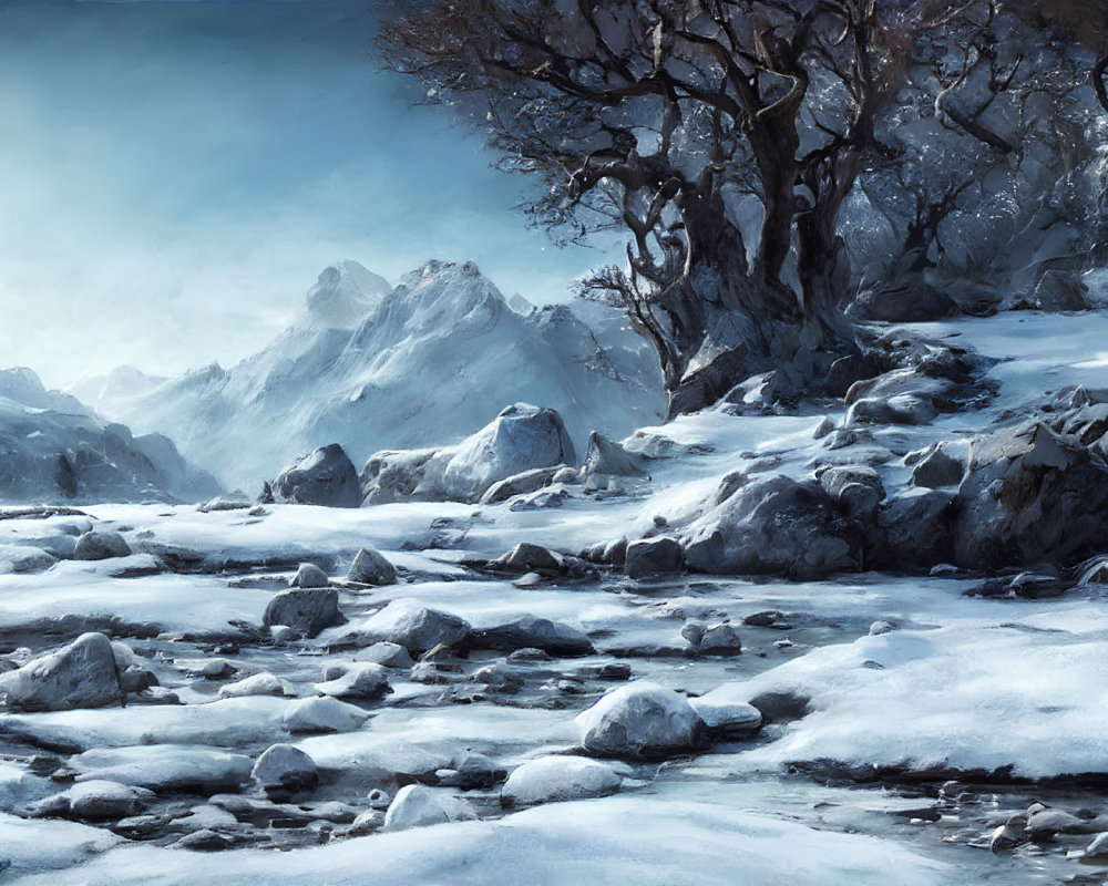 Snowy Landscape with Bare Tree, Rocks, and Mountain Peaks