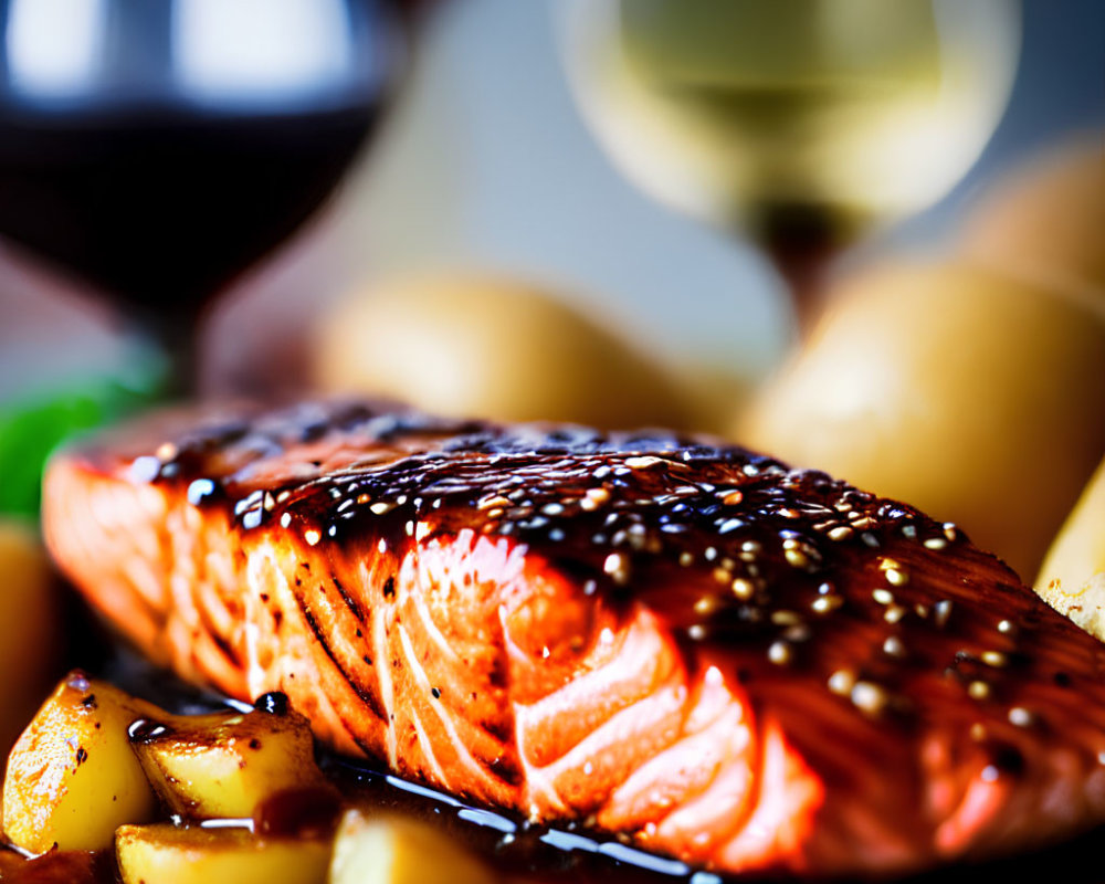 Grilled Salmon Fillet with Glaze, Roasted Potatoes, Salad, Red and White Wine