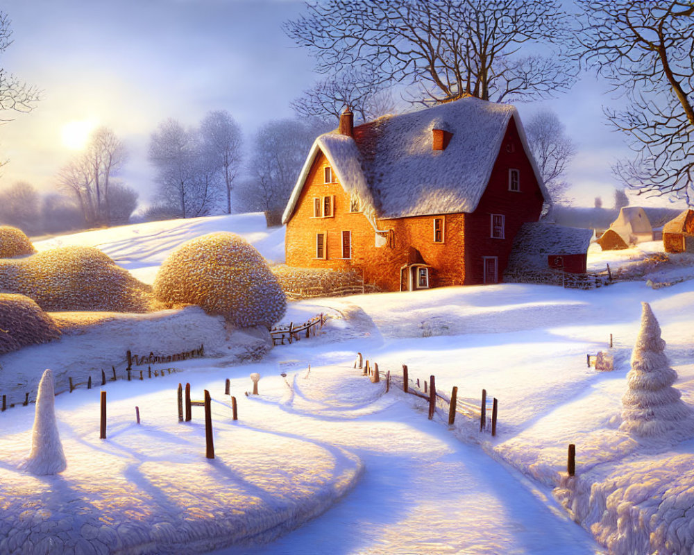 Winter landscape with red-roofed house in snowy setting