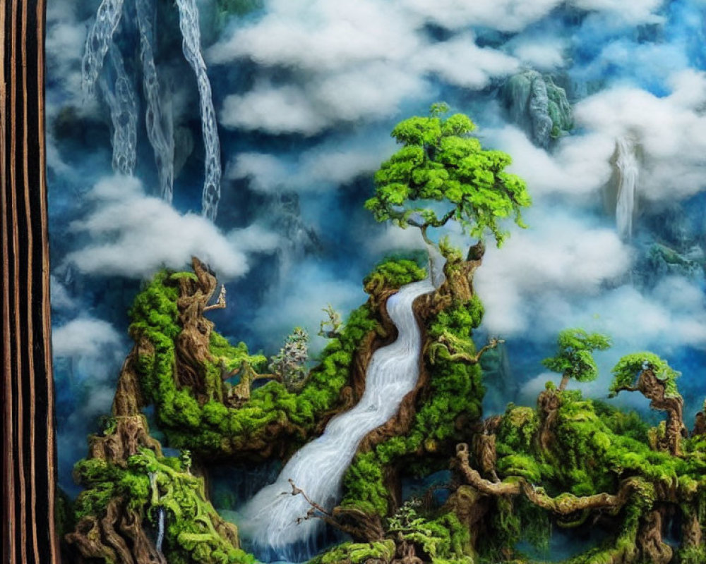 Detailed Mystical Forest Tapestry with Waterfalls and Rivers