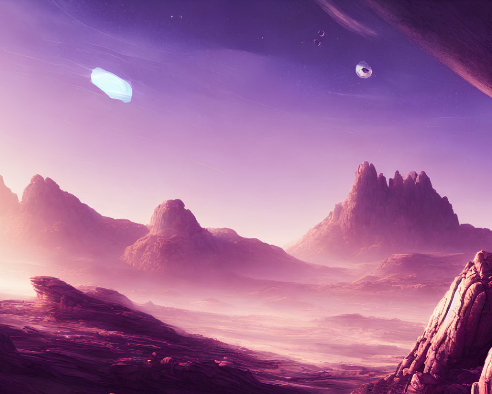 Colorful alien landscape with purple hues, rocky terrain, planets, and spaceship