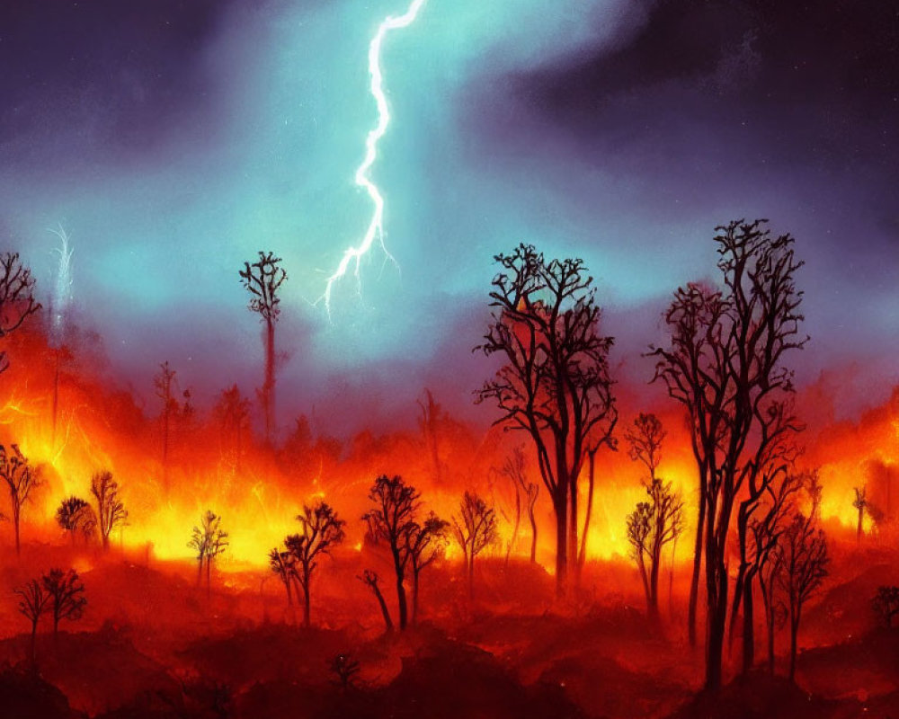 Nighttime wildfire with silhouetted trees, bright flames, and lightning in a smoke-filled sky