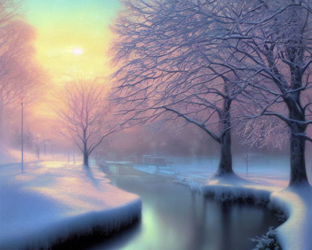 Snow-covered trees and river in serene winter scene