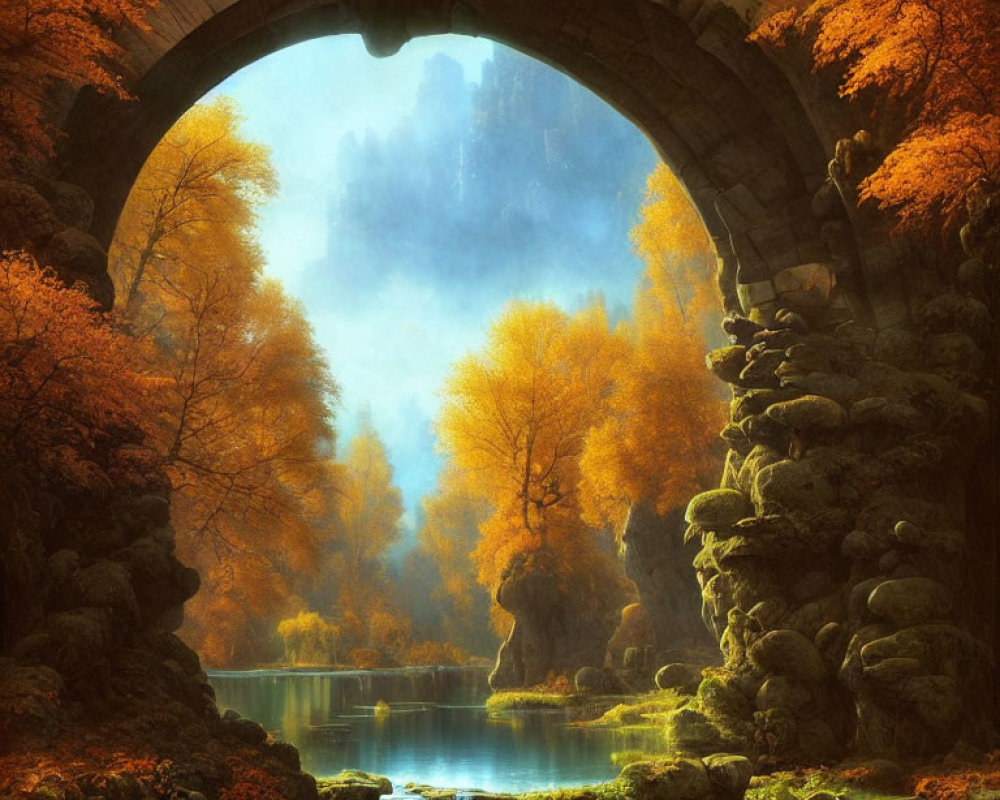 Golden Autumn Trees Under Stone Arch with Waterfall & Misty Castle