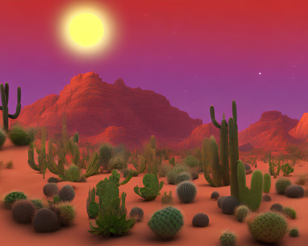 Desert Landscape at Sunset with Cacti and Rocky Formations