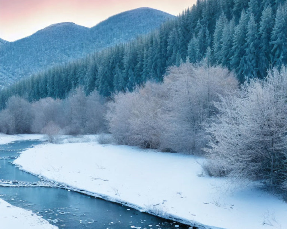 Snowy River Landscape with Winter Trees and Hills at Sunrise