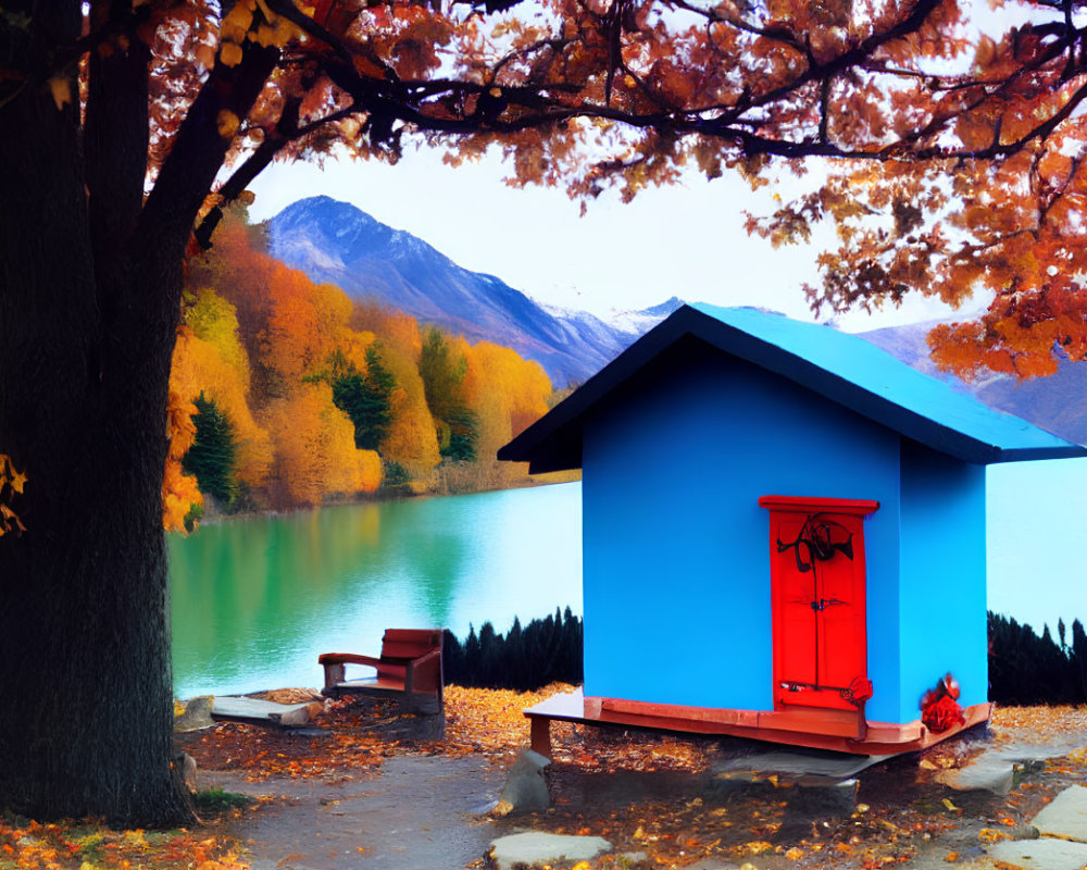 Vivid Blue Hut with Red Door by Autumnal Lakeside