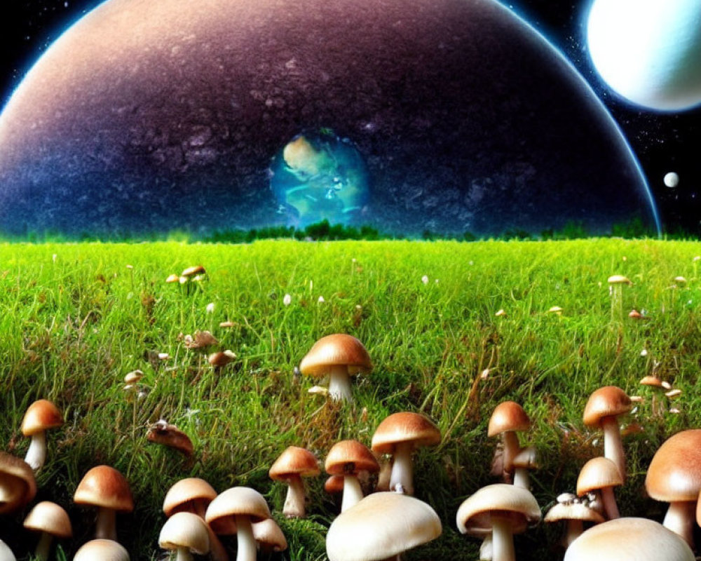 Fantastical landscape with grass, mushrooms, giant planet, and moon