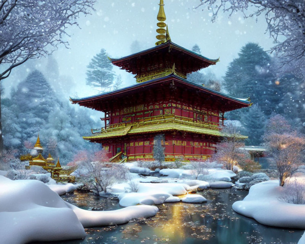 Traditional Red and Gold Pagoda in Snowy Winter Scene