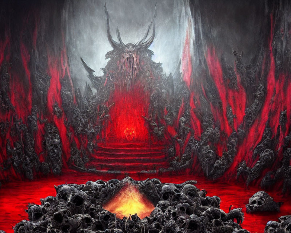 Sinister throne room with horned figure and lava skulls.