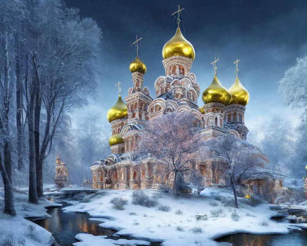 Majestic Russian Orthodox church in winter twilight