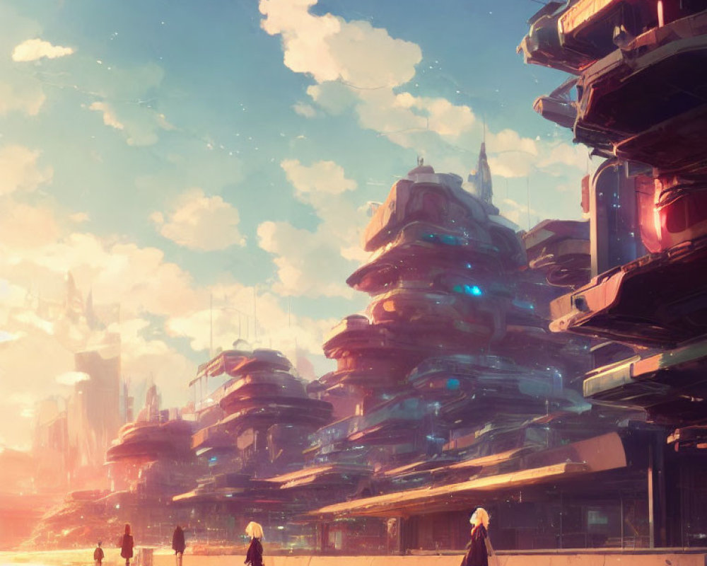 Futuristic cityscape with towering structures and pedestrians under warm glowing sky