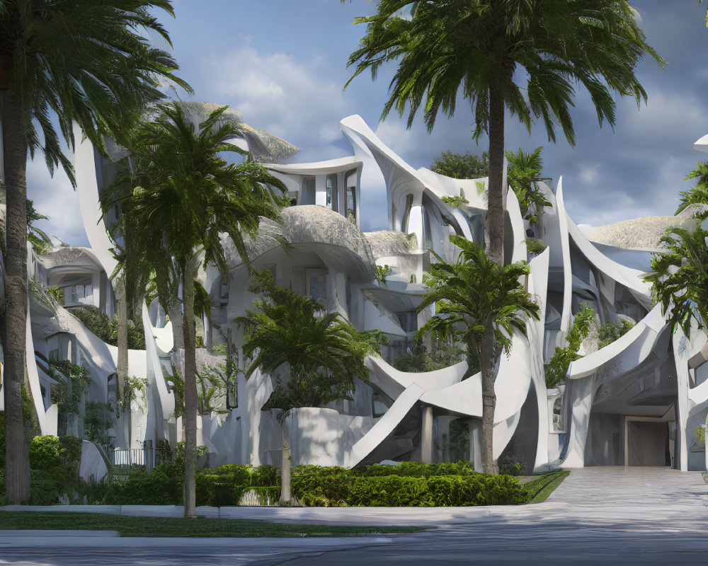 Modern residential building with organic design, palm trees, blue sky