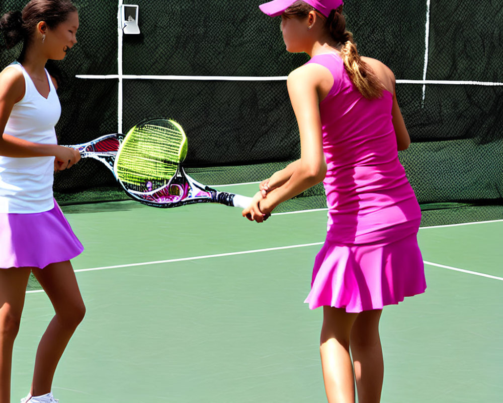 Two women in sportswear with tennis rackets shaking hands on a tennis court