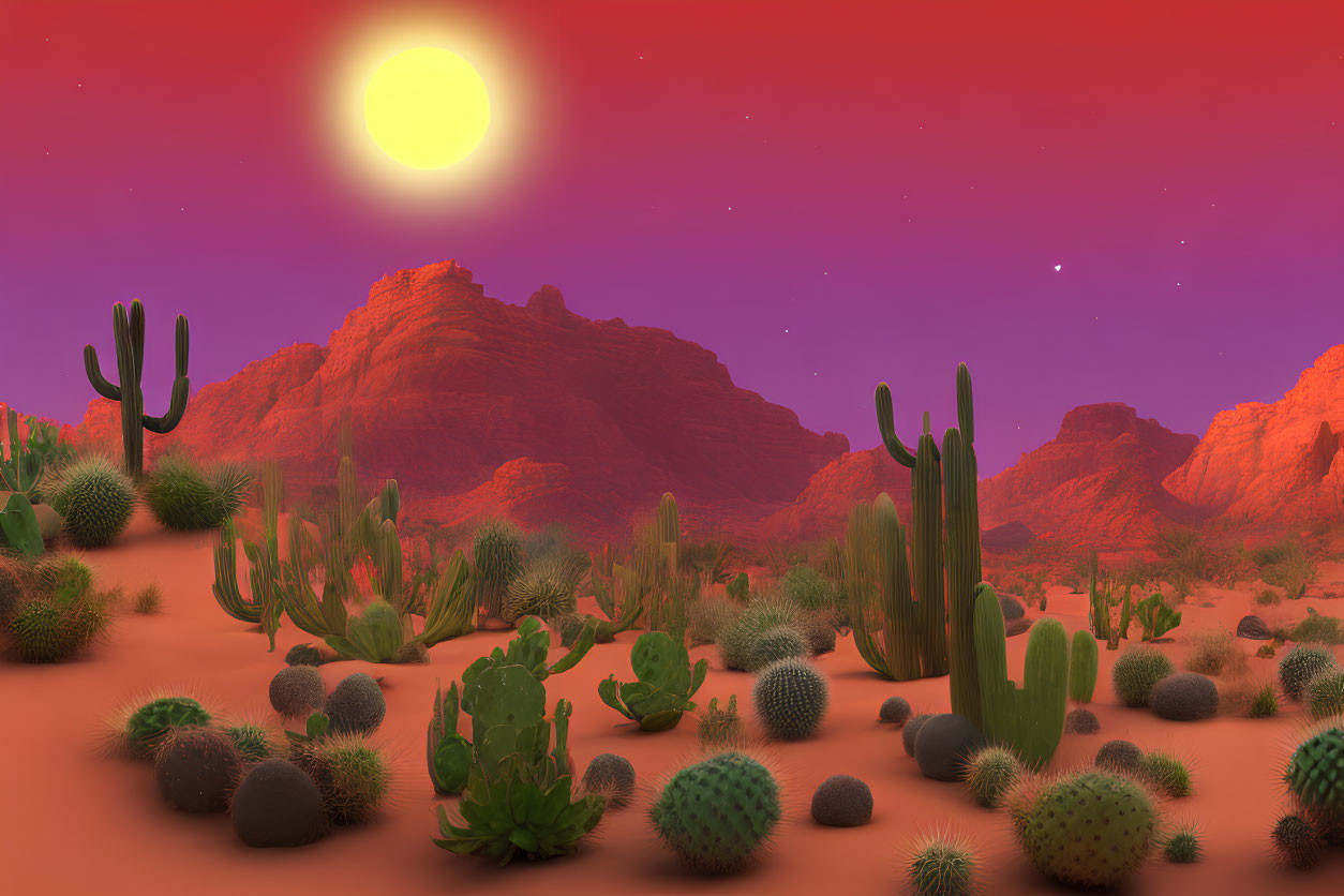 Desert Landscape at Sunset with Cacti and Rocky Formations