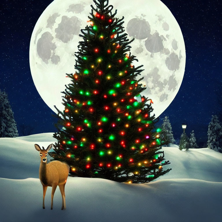 Deer in front of lit Christmas tree in snowy landscape