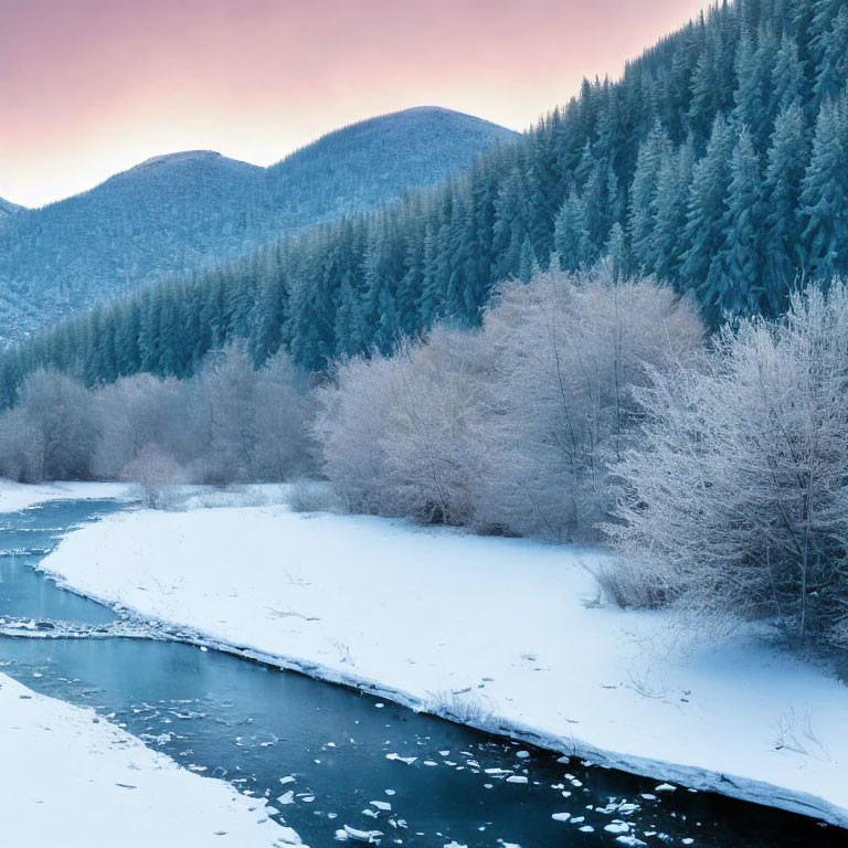 Snowy River Landscape with Winter Trees and Hills at Sunrise