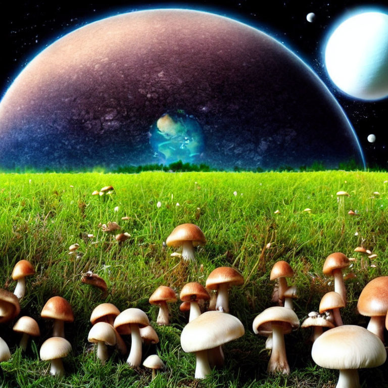 Fantastical landscape with grass, mushrooms, giant planet, and moon