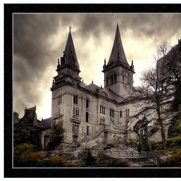 Gothic-style castle with twin spires under moody sky and stone stairway