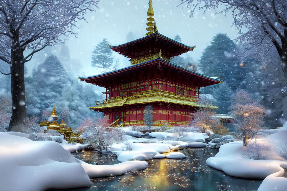 Traditional Red and Gold Pagoda in Snowy Winter Scene