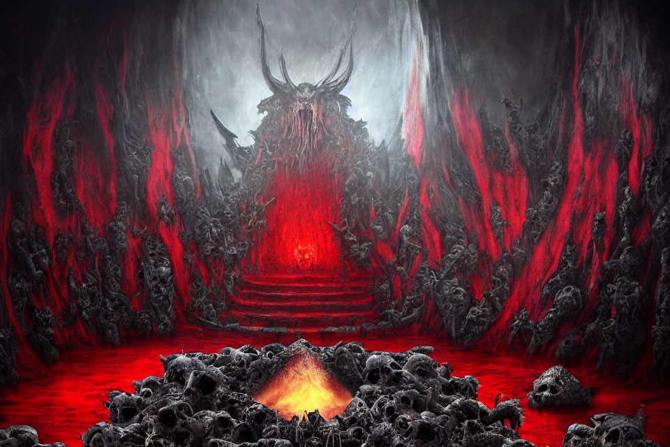 Sinister throne room with horned figure and lava skulls.