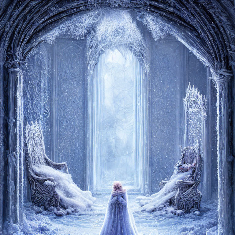 Purple Cloaked Figure in Frosty Throne Room with Icy Architecture