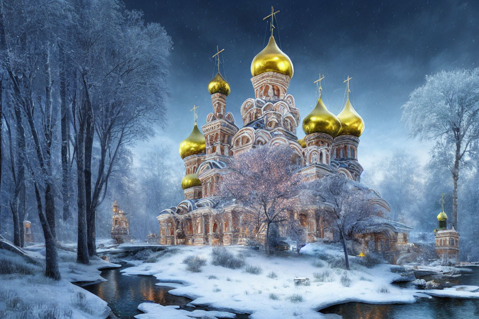 Majestic Russian Orthodox church in winter twilight