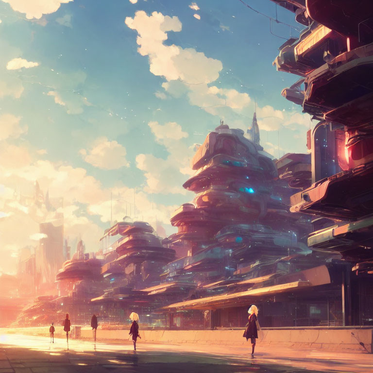 Futuristic cityscape with towering structures and pedestrians under warm glowing sky